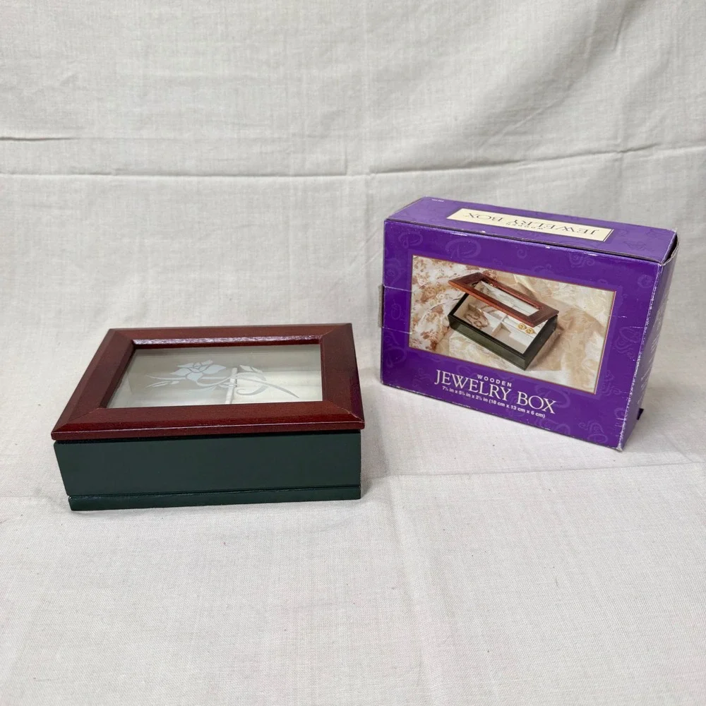 Vintage Wood Jewelry Box Glass Lid Ring Box Trinket Storage Keepsake Organizer